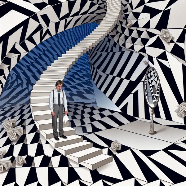 Surrealistische trap met thema zwakte door M.C. Escher-inspiratie Een persoon met een verdrietige uitdrukking staat op een onmogelijke trap van M.C. Escher-achtige vormen, met een gekreukt excuusbriefje in de hand.