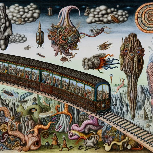 Surrealistisch treinreis-tafereel in de stijl van Jheronimus Bosch met bizarre wezens en zwevende objecten, illustratie van vervoer per trein