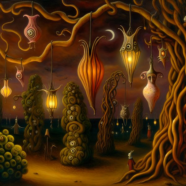 Kleurijke surrealistische tuin met hangende lantaarns Surrealistische tuin met bizarre lantaarns die aan verwrongen takken hangen en een warme gloed uitstralen.