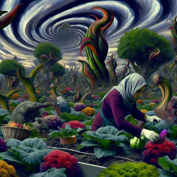 Surrealistische Tuin: Verbinding met de Natuur voor Geestelijk Welzijn Een persoon werkt in een surrealistische tuin vol vreemde planten en bizarre wezens, terwijl hij bloemen en groenten aanplant.