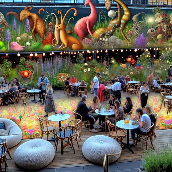 Surrealistische tuin terrace voor een communautaire viering Een surrealistische tuin terrace van een café met mensen en bizarre wezens die samenkomen voor een community party.