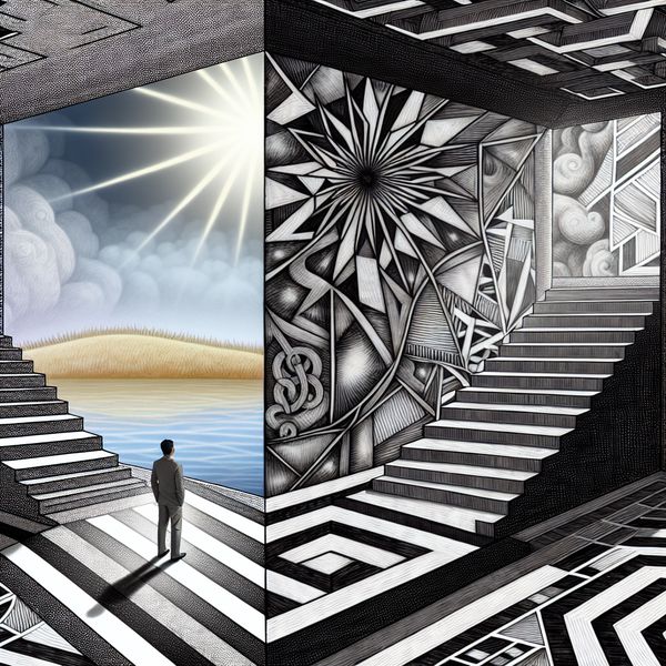 Een surrealistische afbeelding van een persoon bij een tweesprong van een trap, waar de ene weg leidt naar een zonnig landschap en de andere naar een stormachtige omgeving, met uitdrukkingen van teleurstelling.