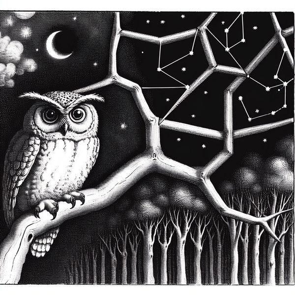 Surrealistische Uil op Gekronkelde Tak in de Nacht Surrealistische afbeelding van een grote wijze uil op een gekronkelde tak in de nacht, omringd door illusieve bladeren en takken die de zwaartekracht lijken te tarten.