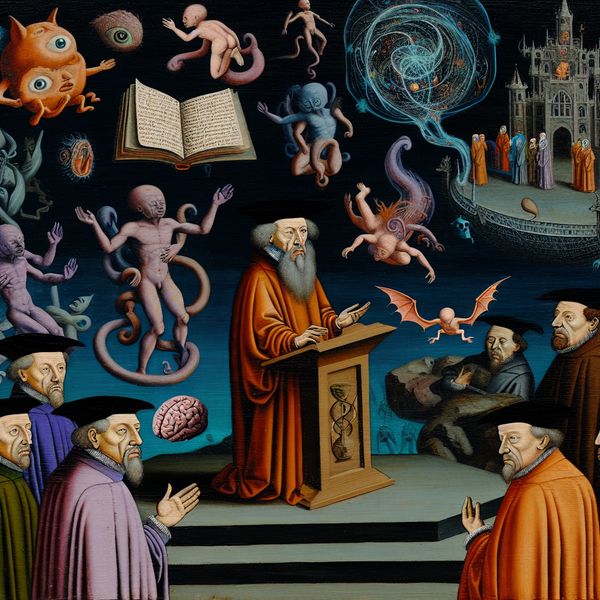 Surrealistische universitaire les van een professor omringd door bizarre creaturen Surrealistische afbeelding van een professor die een les geeft aan een groep studenten omringd door bizarre wezens en metafysische elementen