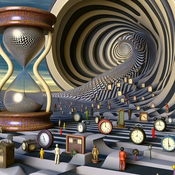 Surrealistische Uurglas en Tijdverloop in Escher-Stijl Surrealistische afbeelding van een grote uurglas in een Escher-stijl landschap dat tijdsverloop illustreert.