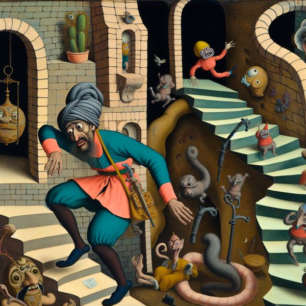Een clumsy persoon valt van een surrealistische trap, omringd door bizarre wezens die lachen.