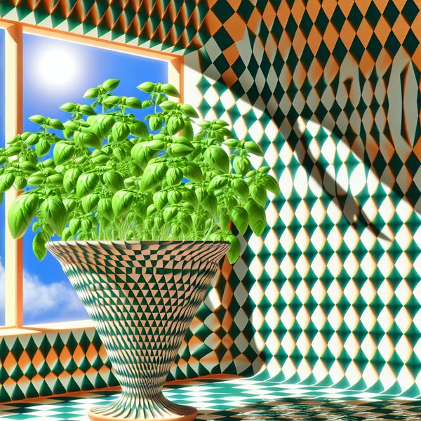 Surrealistische vensterbank met basilicum en optische illusies Een surrealistisch beeld van een geometrische vensterbank met een grote pot vol levendig groene basilicum, versierd met optische illusies.