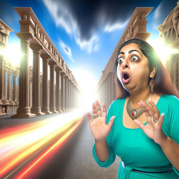 Surrealistische verbazing: uitdrukking van schrik en verwondering in hyperrealistische stijl Persoon in shock met wijd open ogen en mond, reagerend op een onverwachte gebeurtenis in een surrealistische omgeving met dramatische architectuur en bewegingsonscherpte van een voorbijrazende auto