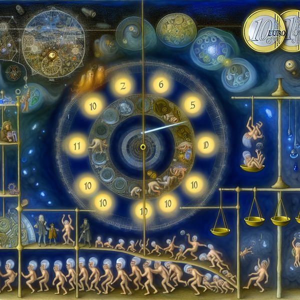 Surrealistisch kunstwerk in de stijl van Hieronymus Bosch met een klokkentoren verdeeld in acht gloeiende urensegmenten, hybride wezens met gouden munten van 10 euro en een hemelse weegschaal die verdeling per dag en per persoon symboliseert