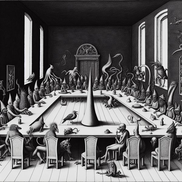 Surrealistische Vergadering met Fantasiefiguren en Discussiepunt Surrealistische vergaderingssfeer met fantasiefiguren rondom een grote tafel en een puntig voorwerp als discussiepunt.