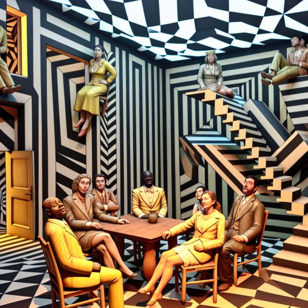 Surrealistische Vergaderzaal geïnspireerd door M.C. Escher Een surrealistische vergaderzaal met mensen in verwarring, gekenmerkt door onmogelijke structuren en optische illusies.