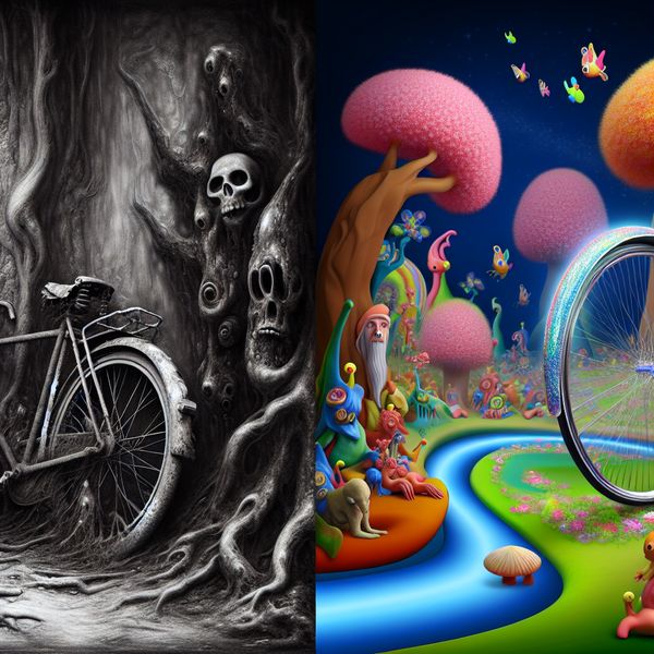Vergelijking tussen oud en nieuw: surrealistisch contrast in fietsen en werelden Surrealistische vergelijking tussen een roestige, kapotte fiets in een duister landschap en een glanzende, moderne fiets in een paradijselijke omgeving, geïnspireerd op Hieronymus Bosch