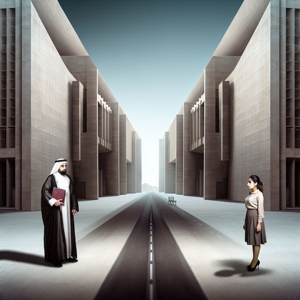 Surrealistische weergave van spanning in menselijke verhoudingen en communicatie Twee figuren, een leraar en een student, staan tegenover elkaar op een lege straat in een surrealistisch schilderij dat spanning in menselijke verhoudingen uitbeeldt