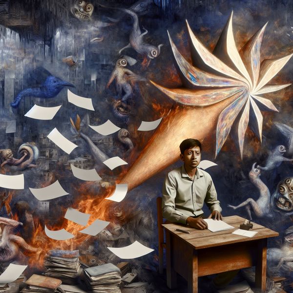 Surrealistische scene van verlichting na stress met bizarre wezens Een persoon zit aan een bureau in een surrealistische omgeving, omgeven door bizarre wezens en dromerige elementen, met een blije uitdrukking terwijl ze boeken en papieren laten vallen.