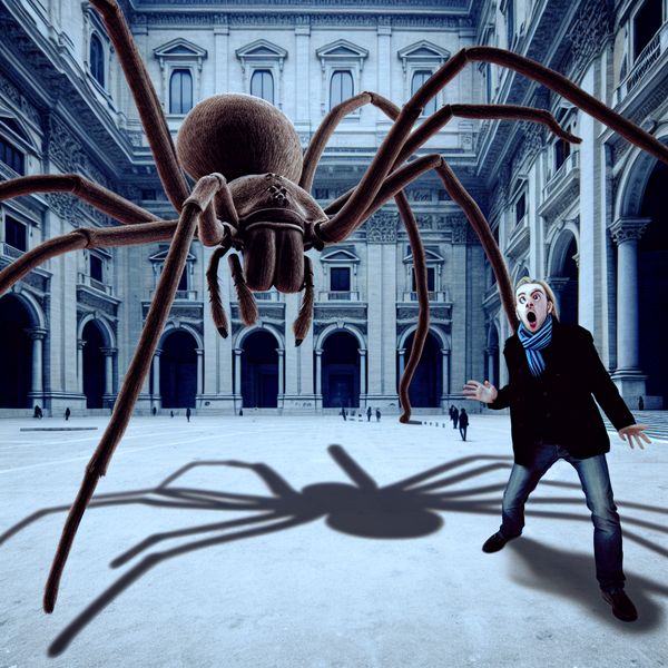 Surrealistische verrassing: uitroep van schrik bij reuzenspin in stad Persoon schrikt enorm van een reusachtige spin in een surrealistische stadsscène, mond wijd open in een uitroep van verrassing of angst