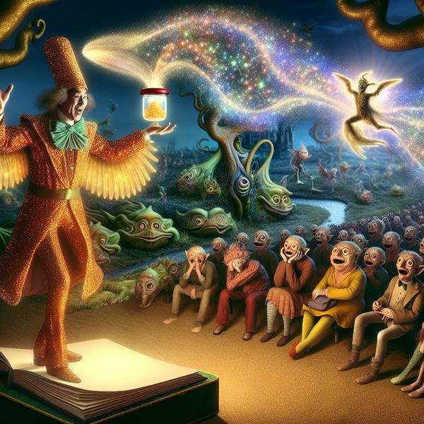 Surrealistische verteller die verhalen opvrolijkt met suikerwol Een surrealistisch tafereel van een verteller die zijn verhaal probeert te verzoeten, terwijl kleurrijke wezens gefascineerd toekijken.