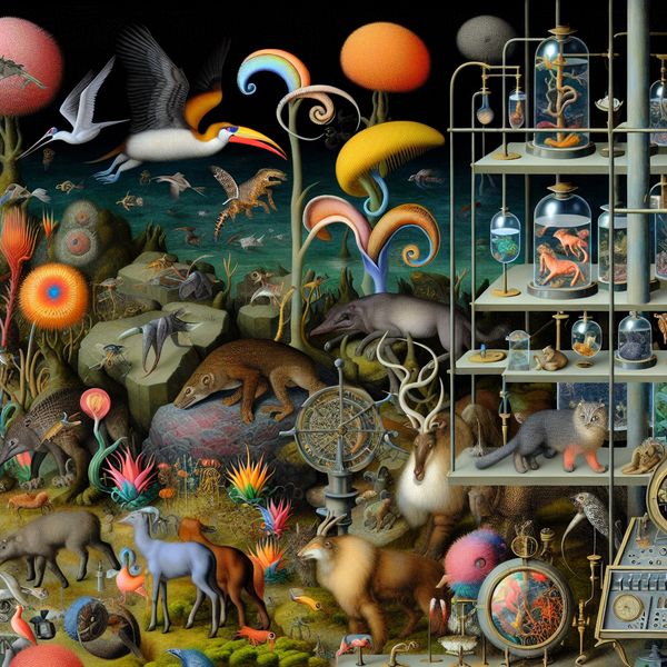 Fantastische natuurwezens in een surrealistisch laboratorium Surrealistische afbeelding van een vreemde verzameling kleurrijke en fantasierijke wezens in een laboratoriumsetting.