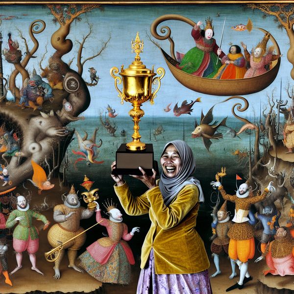 Surrealistische Viering van Belangrijke Overwinning Vrouw viert overwinning met gouden trofee te midden van surrealistische viering