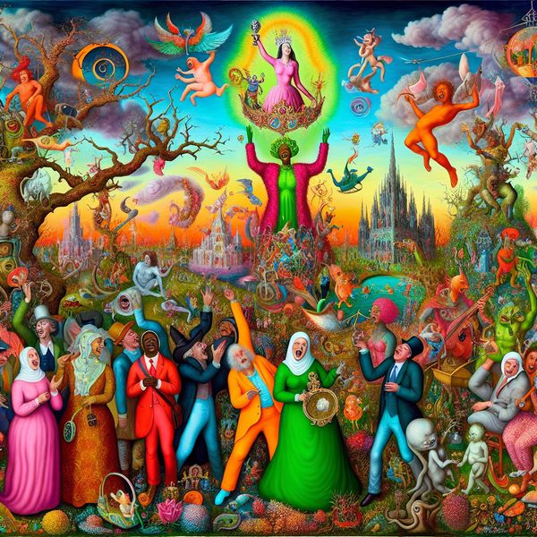 Surrealistische viering en goedkeuring in kleurrijke tuin Surrealistische scène met diverse mensen die blijdschap en goedkeuring tonen in een kleurrijke tuin, met een figuur die een trofee vasthoudt te midden van vreugdevolle wezens.