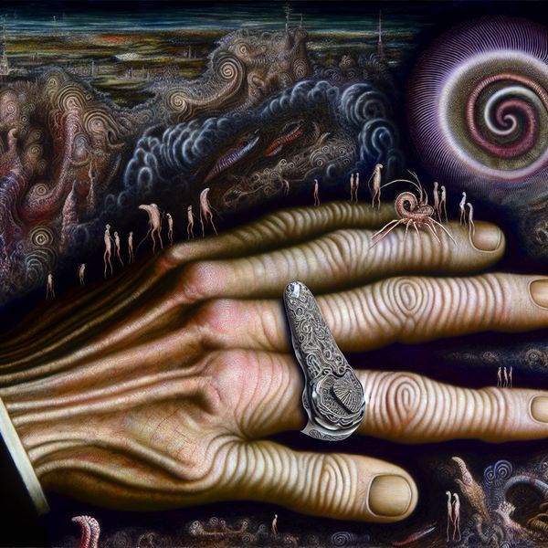 Surrealistische close-up van een vinger met een levendig zilveren ringetje en bizarre wezentjes, geïnspireerd op Hieronymus Bosch, ter illustratie van lichaamsdelen en de hand