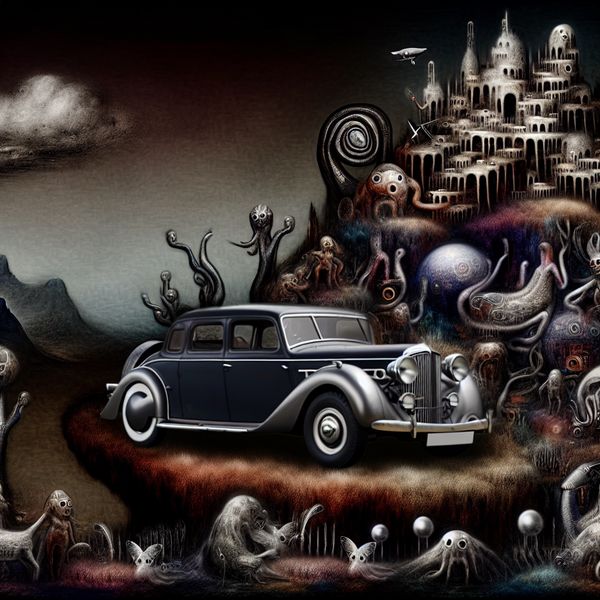Surrealistische vintage auto en fantasiewezens Surrealistische afbeelding van een vintage auto omringd door fantasierijke wezens in een droomlandschap, dat eigendom uitdrukt.
