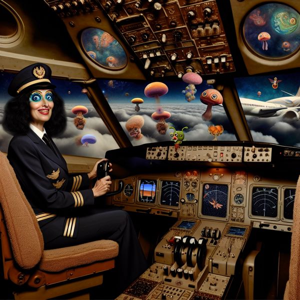 Surrealistische vliegtuigcockpit met gezaghebbende piloot en fantasie-elementen Surrealistisch cockpitbeeld in de stijl van Hieronymus Bosch met een ervaren piloot die het vliegtuig bestuurt, omringd door dromerige en bizarre elementen zoals zwevende instrumenten en fantasielandschappen