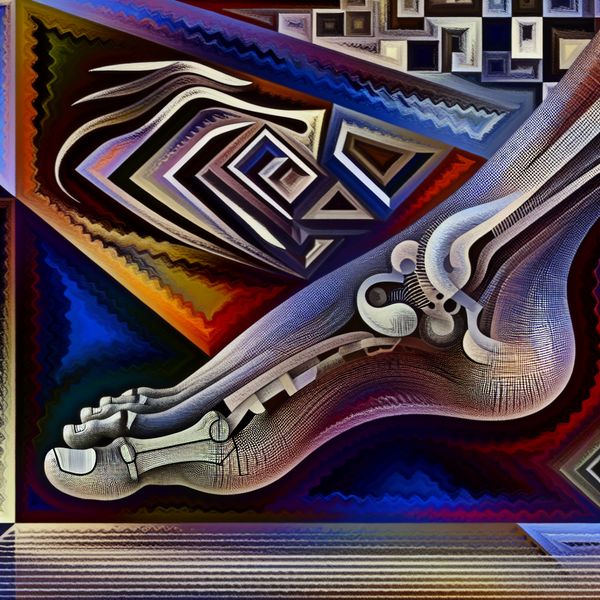 Surrealistische voet met enkels en sportelementen Een surrealistisch beeld van een menselijke voet met een duidelijke enkel, versierd met geometrische patronen en architecturale elementen die sport vertegenwoordigen, zoals hardloopbanen en sportuitrusting.