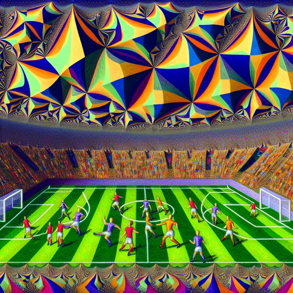 Surrealistische afbeelding van een lokale voetbalcompetitie in een creatief vervormde stadsuitzicht, met spelers en fractale toeschouwers.