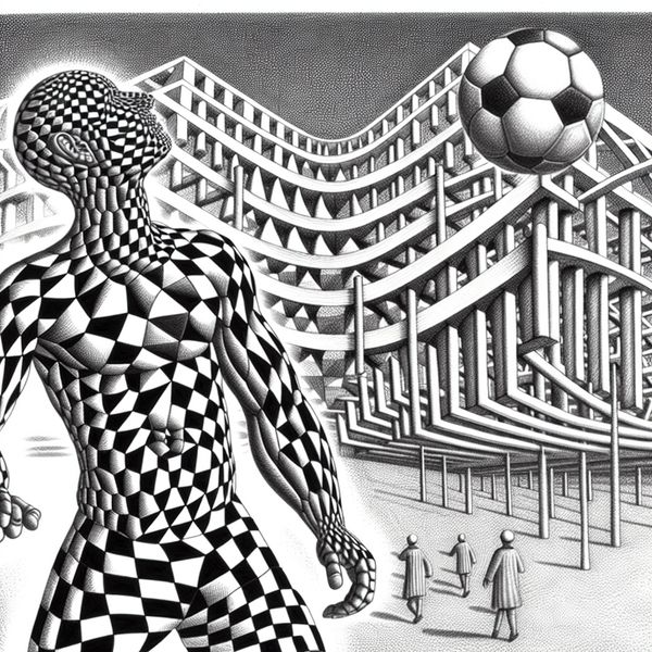 Taaiheid en duurzaamheid in surrealistische voetbalillustratie M.C. Escher-stijl Surrealistische voetbalspeler van geometrische vormen in een onmogelijk stadion, symbool voor taaiheid en duurzaamheid