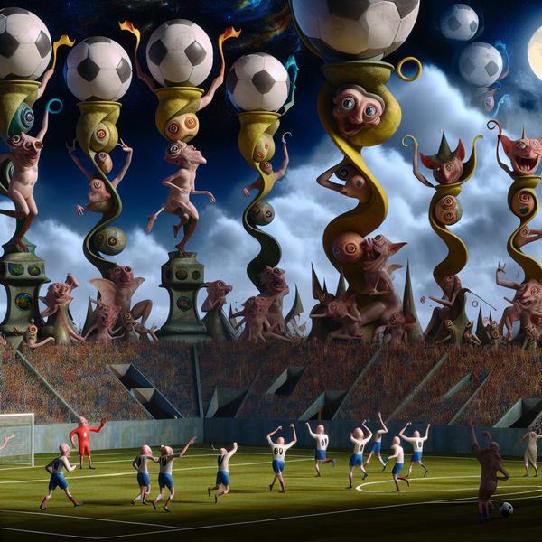 Surrealistische afbeelding van een fantasiewedstrijd tussen antropomorfe dieren die juichen na het scoren van een doelpunt in een duistere sfeer.