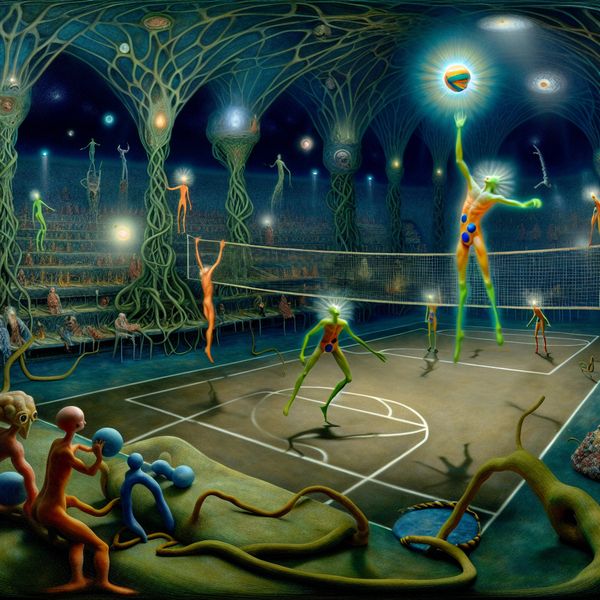 Surrealistisch tafereel van een volleyballwedstrijd in de stijl van Jheronimus Bosch met zwevende elementen en bizarre figuren