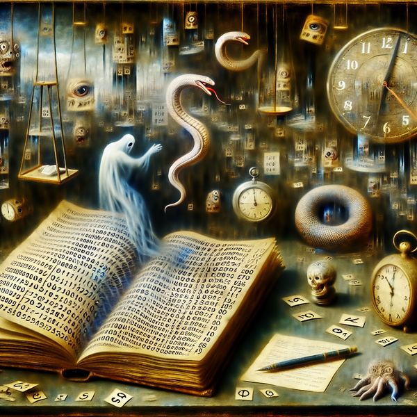 Een surrealistisch tafereel van een open boek vol onbegrijpelijke cijfers, met een spookachtige figuur die met een pen fouten probeert te corrigeren, omringd door mythische wezens die desinformatie symboliseren.
