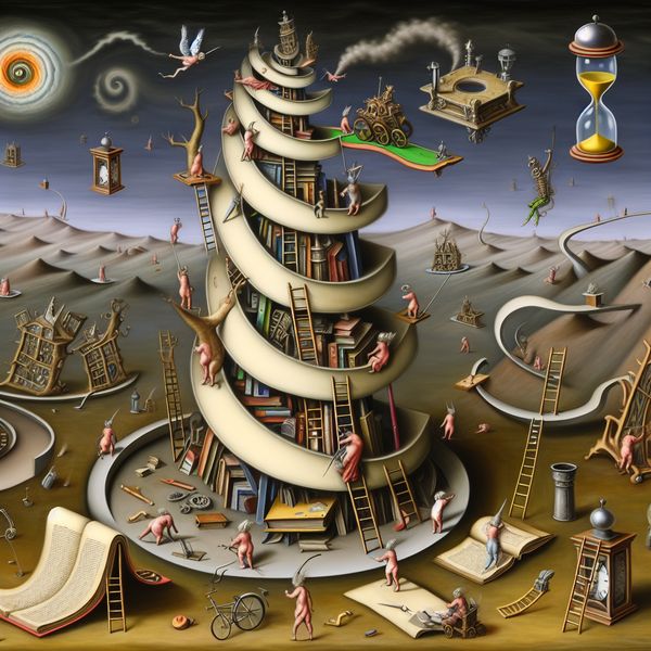 Vooruitgang maken in leren: surrealistische metafoor voor taakvoltooiing en productiviteit Surrealistisch tafereel van hybride wezens die samenwerken aan een toren van boeken en gereedschap, symbool voor voortgang maken onder tijdsdruk
