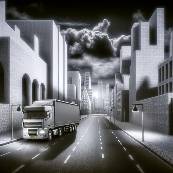 Surrealistische Vrachtwagen in Stedelijk Landschap Een hyperrealistische vrachtwagen rijdt langzaam door een surrealistische stad met monumentale architectuur en een dramatische lucht.