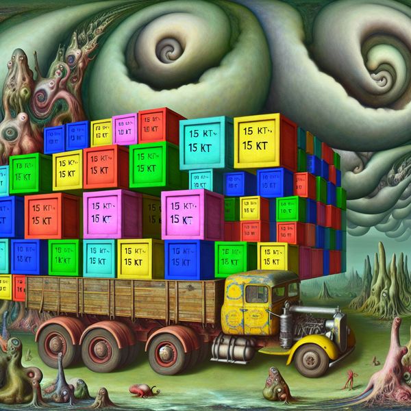 Surrealistisch Kunstwerk met Volkswagen en Dozen van 15 kt Surrealistisch landschap met een vrachtwagen vol enorme, kleurrijke dozen gelabeled met '15 kt', geobserveerd door bizarre wezens