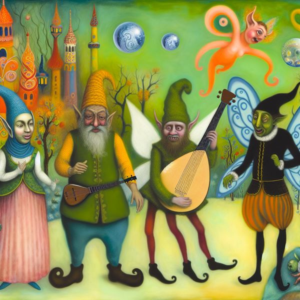 Surrealistische afbeelding van vier vrienden in een fantasierijke omgeving Een surrealistisch tafereel met vier unieke karakters die vriendschap en eenheid vertegenwoordigen in een droomachtige omgeving vol bizarre wezens.