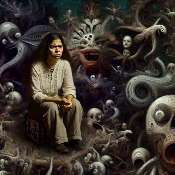 Surrealistische afbeelding van een geïrriteerde vrouw in een chaotische, donkere kamer vol bizarre wezens die haar innerlijke onvrede weerspiegelen