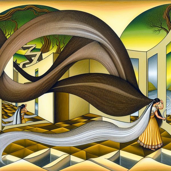 Surrealistische illustratie van vrouw die haar kamt Surrealistische afbeelding van een vrouw die haar lange haar kamt te midden van spiegelachtige geometrische vormen.