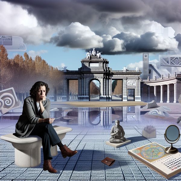 Een vrouw met een bedachtzame uitdrukking zit alleen op een monumentale bank in een leeg, grootstedelijk landschap onder een bewolkte lucht.