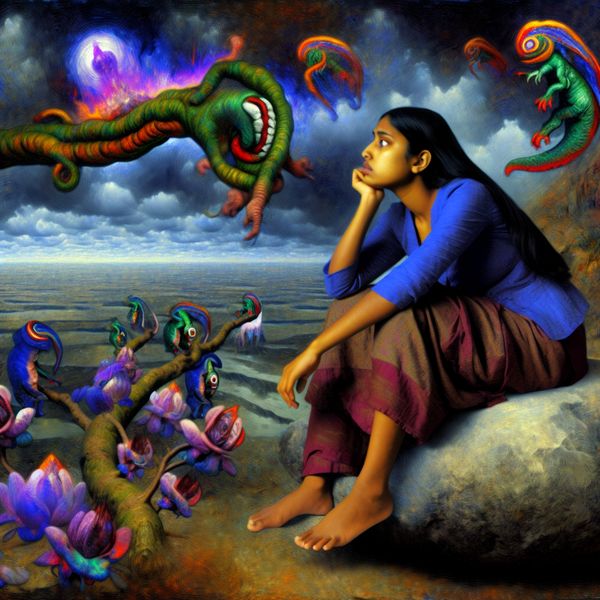 Surrealistische afbeelding van verlangen in fantasierijk landschap Surrealistische afbeelding van een vrouw die op een grote rots zit in een fantasierijk landschap vol bizarre wezens, met een melancholische blik en een verre horizont.