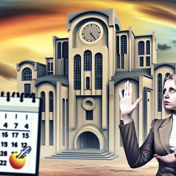 Surrealistische vrouw vraagt om informatie Een goed geklede vrouw staat in de voorgrond met haar hand geheven, terwijl ze iets vraagt, met een monumentaal surrealistisch gebouw op de achtergrond en een kleurrijke lucht.