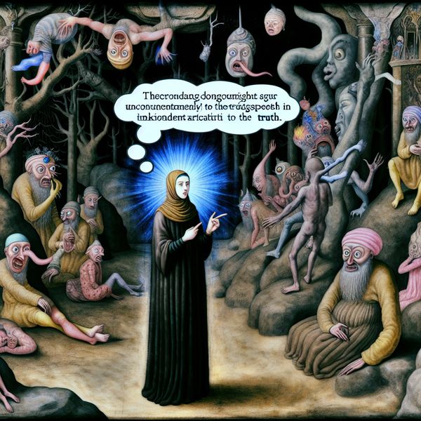 Surrealistische scene van de waarheid in een vreemde omgeving Een jonge vrouw spreekt de waarheid te midden van bizarre wezens die haar woorden reageert met vervormde uitdrukkingen in een surrealistische omgeving.