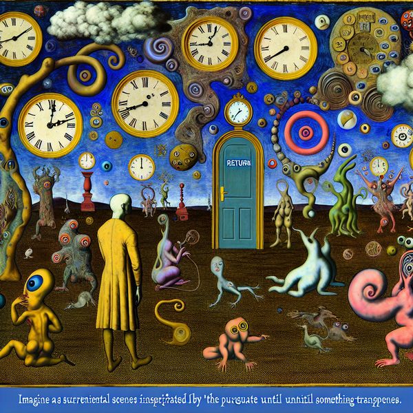 Surrealistische wachtkamer met bizarre wezens en een figuur in afwachting Surrealistische wachtkamer vol bizarre wezens met een figuur die naar een verre deur kijkt