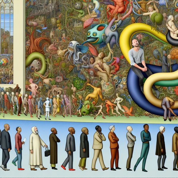 Surrealistisch tafereel geïnspireerd door Hieronymus Bosch met diverse mensen in een lange rij, kalm wachtend, omringd door vreemde wezens en bijzondere planten.