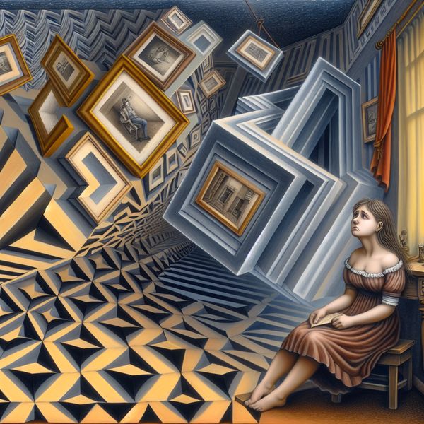 Surrealistische afbeelding van verdriet in een geometrische kamer Een jonge vrouw zit in een surrealistische kamer met geometrische structuren, kijkend naar een zwevende foto met een uitdrukking van verdriet.