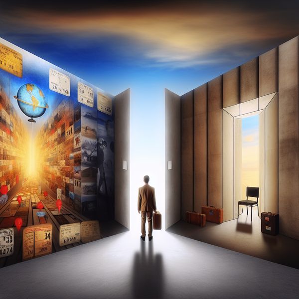 Surrealistische weergave van persoonlijke geschiedenis en herinneringen aan reizen Surrealistisch schilderij van een persoon die aarzelt tussen levendige herinneringen aan reizen en een lege, koele kamer, symboliserend de spanning tussen verleden en heden