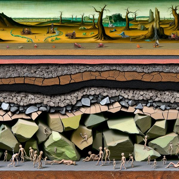 Surrealistische doorsnede van een weg met natuurlijke en aangelegde lagen, waaronder steenslag en droge grond, geïnspireerd op Hieronymus Bosch