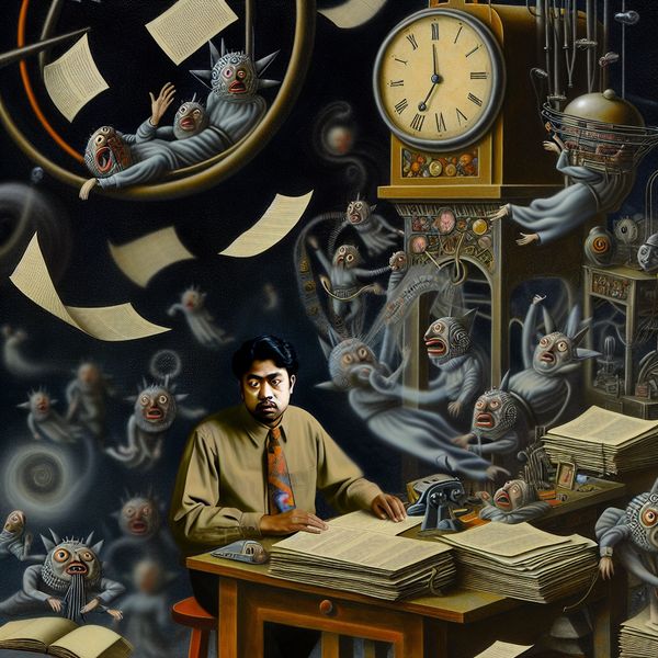 Surrealistische weergave van werkdruk en stress Een persoon zit aan een chaotisch bureau vol met papier en vreemde wezens die stress en druk symboliseren, in een donkere en surrealistische sfeer.