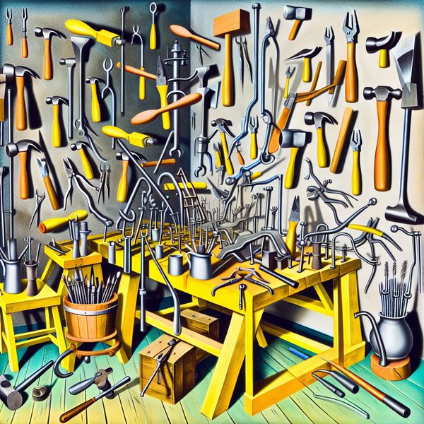 Surrealistische Werkplaats met Handgereedschap en Optische Illusies Een surrealistische werkplaats vol met verschillende handgereedschappen die in geometrische patronen zijn gerangschikt, met optische illusies en kleurcontrast.