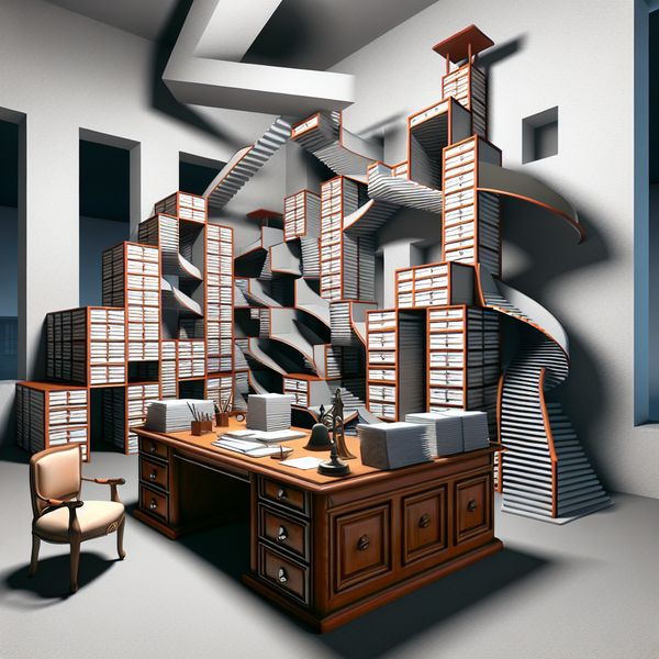 Surrealistische werkplek leidinggevende in Escher-stijl - kantoor met optische illusies Surrealistisch kantoor van een leidinggevende in M.C. Escher-stijl met onmogelijke architectuur en geometrische precisie